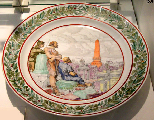 Russian porcelain plate with New World Rises design (1922) by V. Timorev for SPF at British Museum. London, United Kingdom.
