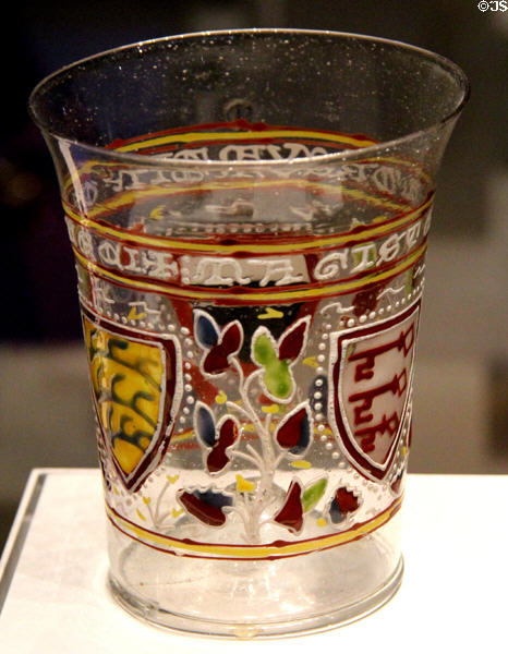 Glass beaker decorated in Islamic style (c1330) by Master Aldrevandin of Venice Italy at British Museum. London, United Kingdom.