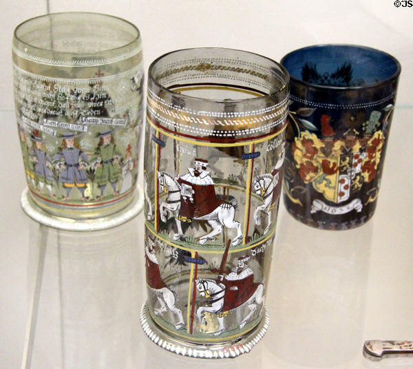 German glass Pious family humpen (1678) from Saxony; Emperor & Electors humpen (1611) from Franconia; & monogrammed beaker (1678) from Saxony at British Museum. London, United Kingdom.