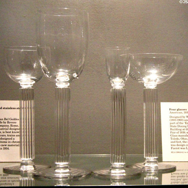 Stemmed glasses for State Dining Room of Federal Building at New York World's Fair (1939) by Walter Dorwin Teague & Edwin Fuerst & made by Libbey Glass Co of Toledo, Ohio at British Museum. London, United Kingdom.