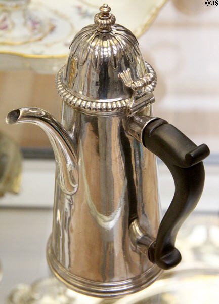 Silver chocolate or coffee pot (1700) by John Chartier made in England (son of Huguenot refugee from Blois France) at British Museum. London, United Kingdom.