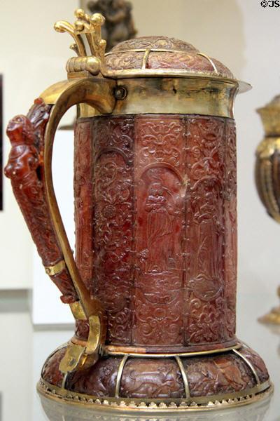 Carved amber tankard with silver-gilt mounts (1659) prob. from Königsberg in Germany at British Museum. London, United Kingdom.