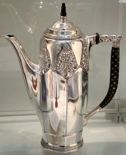 Silver & ebony coffee pot (1913) BY Fritz Schmoll von Eisenwerth & made by P. Bruckmann & Sons of Heilbronn at British Museum. London, United Kingdom.