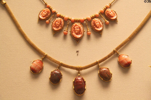 Cameo (c1878) & scarab (c1870) necklaces from Italy at British Museum. London, United Kingdom.