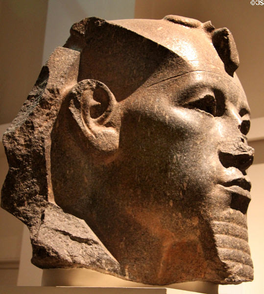 Colossal granite head of King Amenemhat III (12 Dynasty - c1830 BCE) from Bubastis at British Museum. London, United Kingdom.