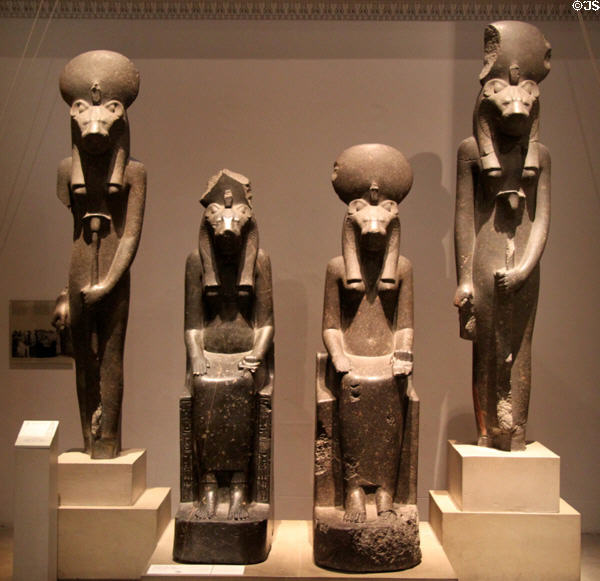Four black granite figures of goddess Sakhmet (18th Dynasty - c1400 BCE) from Thebes at British Museum. London, United Kingdom.