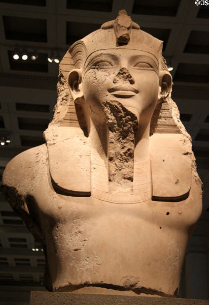 Upper part of colossal statue of Amenhotep III (18th Dynasty - c1370 BCE) from Thebes at British Museum. London, United Kingdom.