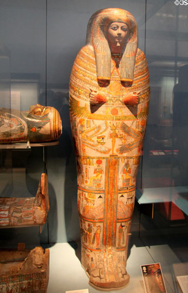 Mummy cartonnage case of woman named Tjentmutengebtiu (22th Dynasty - c900 BCE) from Thebes at British Museum. London, United Kingdom.