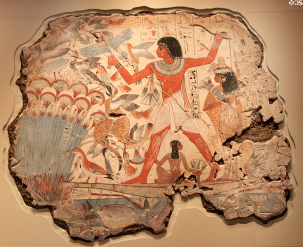Reconstructed painting of Nebamun hunting birds with wife Hathepsut in marshes of Nile (18th Dynasty - c1350 BCE) from his tomb, Thebes at British Museum. London, United Kingdom.