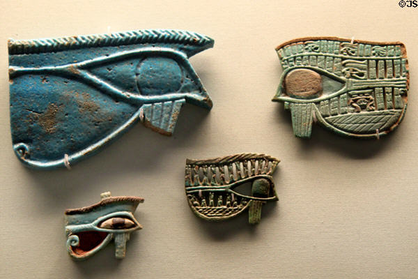 Ancient Egyptian eye amulets (Wedjat falcon head of god Horus) to protect from harm at British Museum. London, United Kingdom.
