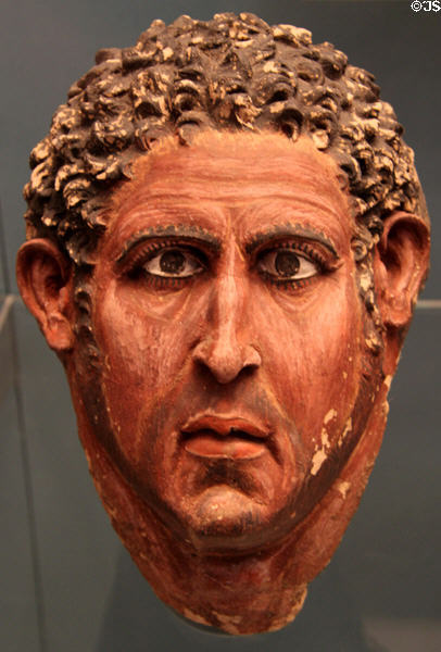 Painted lime plaster mask of man shaped over his skull (Roman period - 100-170 CE) from Hu (Diopolis Parva) at British Museum. London, United Kingdom.