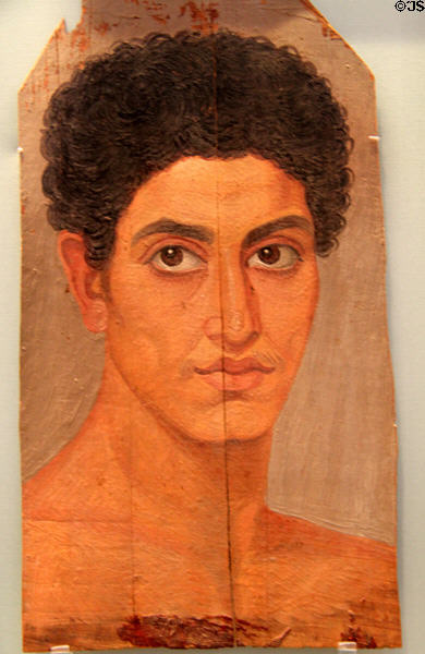 Romano-Egyptian mummy portrait of young man on limewood (80-120 CE) from Hawara at British Museum. London, United Kingdom.