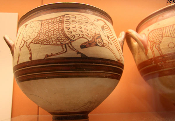 Mycenaean pottery krater with bull & egret (1300-1250 BCE) found in tomb, Enkomi, Cyprus at British Museum. London, United Kingdom.