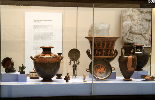 Collection of red figure ancient Greek vessels at British Museum. London, United Kingdom.
