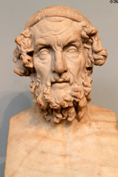 Homer marble portrait head (Roman copy of lost Greek original 2ndC BCE) from Baiae, Italy at British Museum. London, United Kingdom.