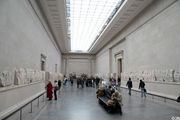 Gallery displaying Parthenon of Athens Classical Greek Frieze (447-438 BCE) by Pheidias at British Museum. London, United Kingdom.