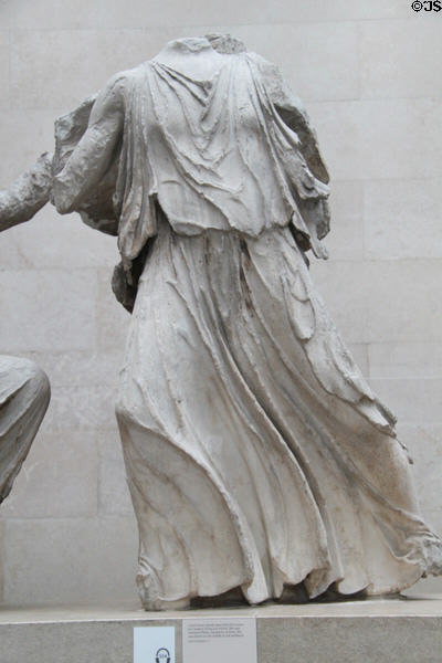 Girl in flying drapery (perhaps Hebe, cup bearer of Zeus) on east pediment of Athens Parthenon (447-438 BCE) by Pheidias at British Museum. London, United Kingdom.