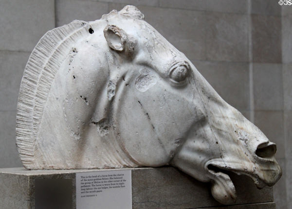 Horse's head from chariot of moon-goddess Selene on east pediment of Athens Parthenon (447-438 BCE) by Pheidias at British Museum. London, United Kingdom.
