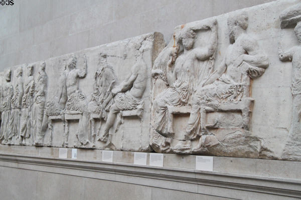 Panathenaic festival east frieze oblique view from Athens Parthenon (447-438 BCE) by Pheidias at British Museum. London, United Kingdom.