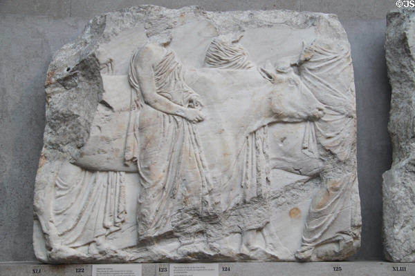 Panathenaic festival horsemen procession marble relief (Block XLI) from south frieze of Athens Parthenon (447-438 BCE) by Pheidias at British Museum. London, United Kingdom.