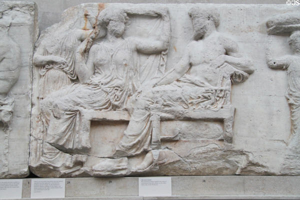 Panathenaic festival marble relief (Block V) from east frieze of Athens Parthenon (447-438 BCE) by Pheidias at British Museum. London, United Kingdom.