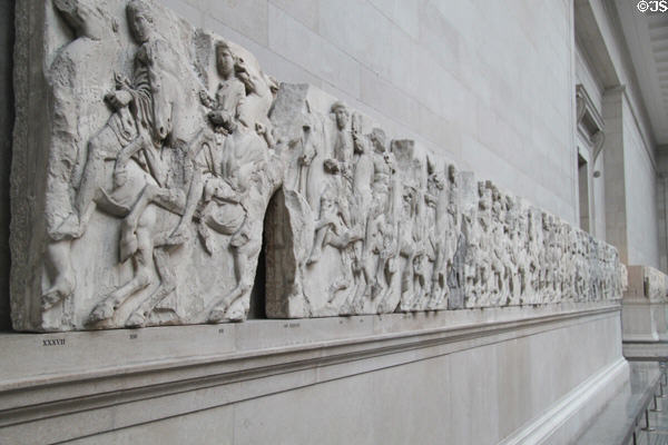 Panathenaic festival horsemen procession north frieze overview from Athens Parthenon (447-438 BCE) by Pheidias at British Museum. London, United Kingdom.