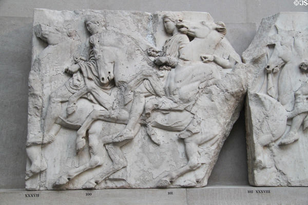 Panathenaic festival horsemen procession marble relief (Block XXXVII) from north frieze of Athens Parthenon (447-438 BCE) by Pheidias at British Museum. London, United Kingdom.