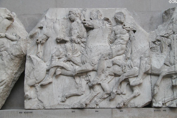 Panathenaic festival horsemen procession marble relief (Block XXXVIII) from north frieze of Athens Parthenon (447-438 BCE) by Pheidias at British Museum. London, United Kingdom.