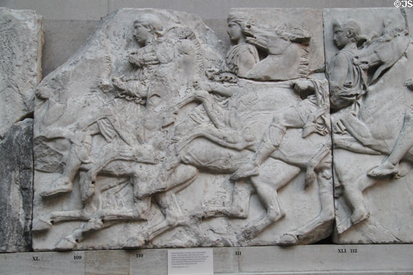 Panathenaic festival horsemen procession marble relief (Block XL) from north frieze of Athens Parthenon (447-438 BCE) by Pheidias at British Museum. London, United Kingdom.