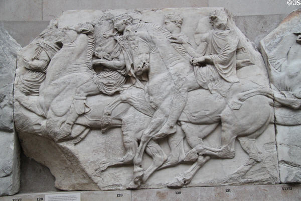Panathenaic festival horsemen procession marble relief (Block XLVI) from north frieze of Athens Parthenon (447-438 BCE) by Pheidias at British Museum. London, United Kingdom.