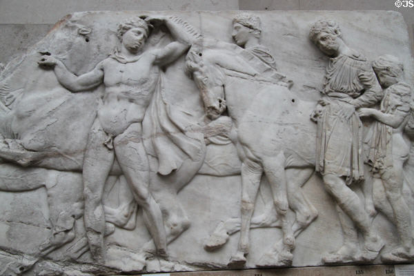 Panathenaic festival horsemen procession marble relief (Block XLVII) from north frieze of Athens Parthenon (447-438 BCE) by Pheidias at British Museum. London, United Kingdom.