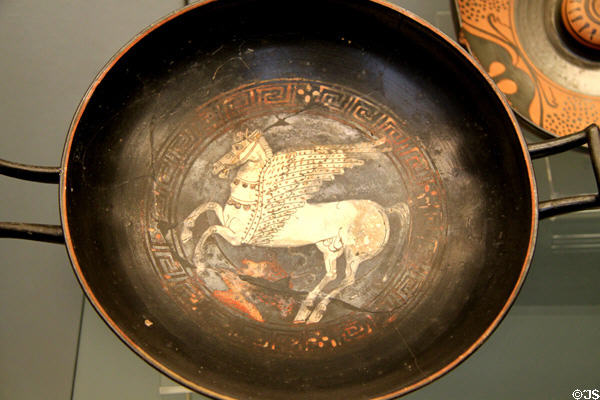 Athenian-style white figure Kylix (wine cup) showing Pegasus (c450 BCE) from Civita Castellana, Italy at British Museum. London, United Kingdom.