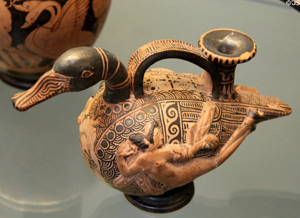 Etruscan red-figured perfume or oil vase in form of duck (askos) (c350-325 BCE) from Vulci, Italy at British Museum. London, United Kingdom.