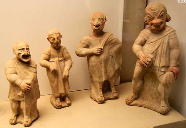 Etruscan terracotta comic actor figures with character masks (2ndC BCE) perhaps from Canino, Italy at British Museum. London, United Kingdom.