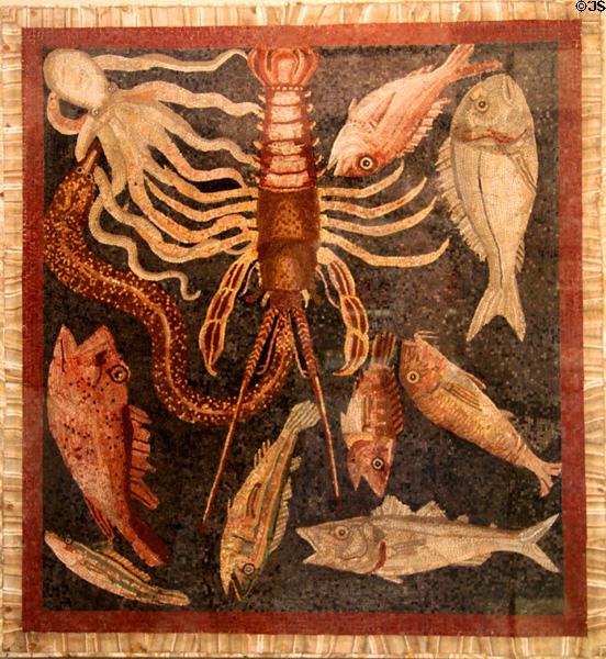 Roman mosaic floor showing sea life used for food (c100 CE) from Tuscany at British Museum. London, United Kingdom.