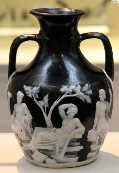 Roman cameo glass Portland Vase where excess outer white layer was carved away leaving a white image over blue base (c15 BCE-25 CE) made in Rome at British Museum. London, United Kingdom.