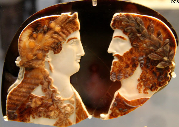 Roman sardonyx cameo busts of two imperial family members as Jupiter Ammon & Juno or Isis (c37-50 CE) at British Museum. London, United Kingdom.