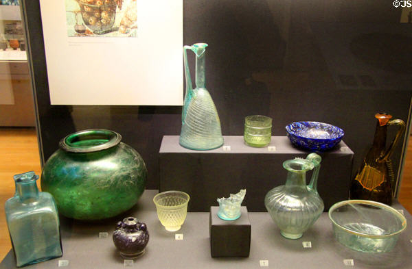 Collection of Roman era glass (1stC-2ndC CE) found in Britain but probably mostly imported at British Museum. London, United Kingdom.
