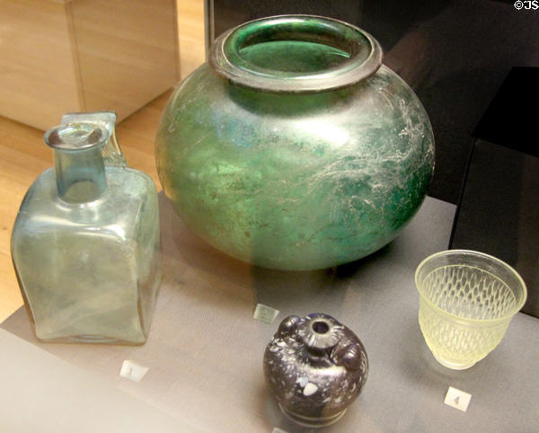 Roman era glass (1stC-2ndC CE) found in England at British Museum. London, United Kingdom.