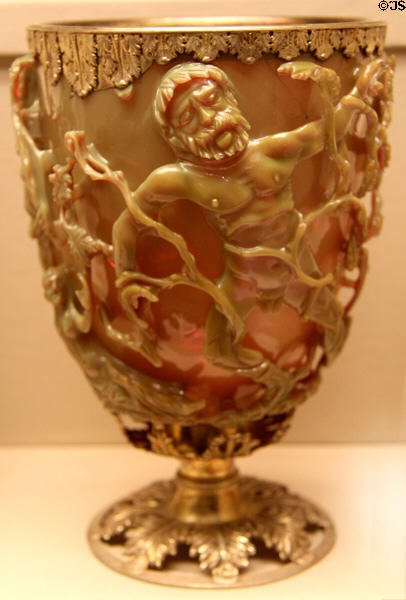 Roman carved glass cup (4thC) in metal mounts (18th or 19th C) depicts story of King Lycurgus (aka Lycurgus Cup) at British Museum. London, United Kingdom.