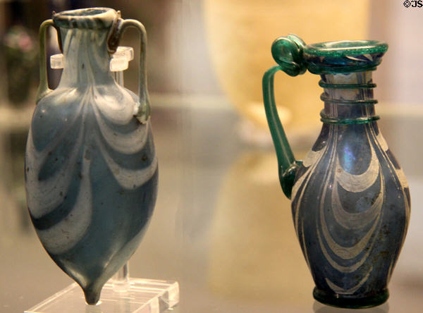 Roman glass jug & amphora with marvered (smoothed) white trails (4thC CE) prob. made in Rhineland, Germany at British Museum. London, United Kingdom.