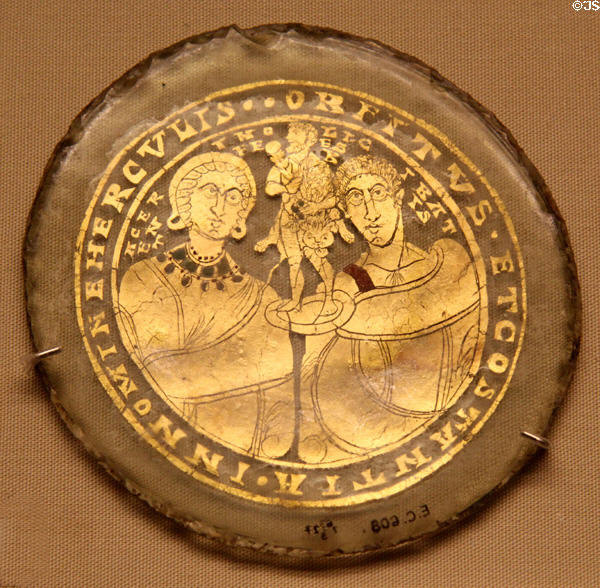 Roman glass disk with gold image of wedding couple (4thC CE) from Rome at British Museum. London, United Kingdom.