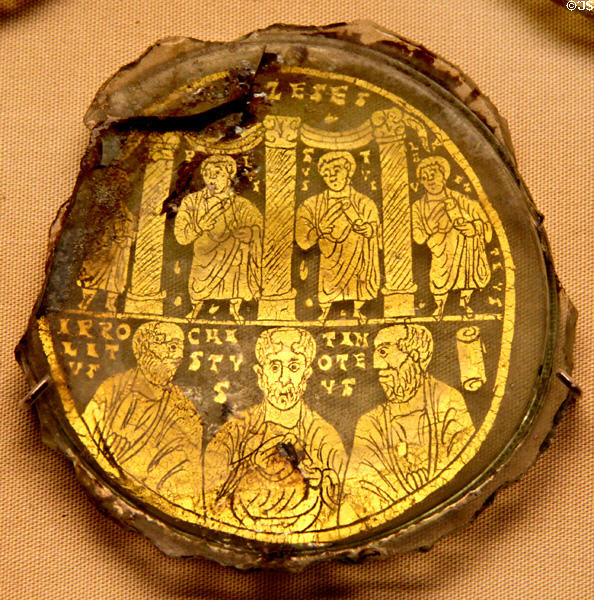 Roman glass disk with gold image of Christ with saints (4thC CE) from Rome at British Museum. London, United Kingdom.