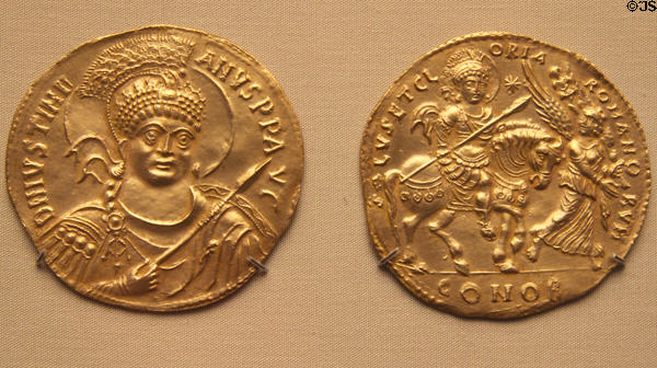 Electrotype copy (c1830s) of Byzantine Justinian I medallion (original 527-565 now lost) at British Museum. London, United Kingdom.