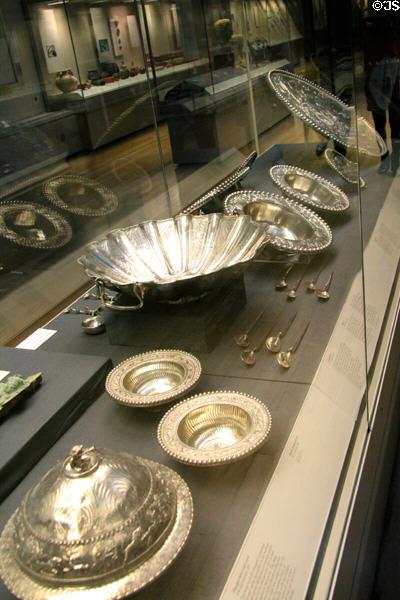 Buried hoard of Roman silver tableware (4thC CE) found in Mildenhall, England by farmer plowing a field in 1942 at British Museum. London, United Kingdom.