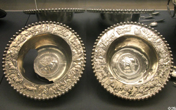 Roman flanged silver bowl with hunting scene (4thC CE) showing plow damage part of Mildenhall Treasure at British Museum. London, United Kingdom.