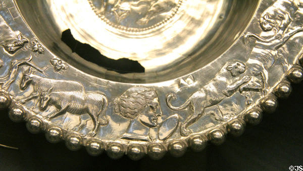 Detail of Roman flanged silver bowl showing women in profile between sheep & spotted cats (4thC CE) part of Mildenhall Treasure at British Museum. London, United Kingdom.