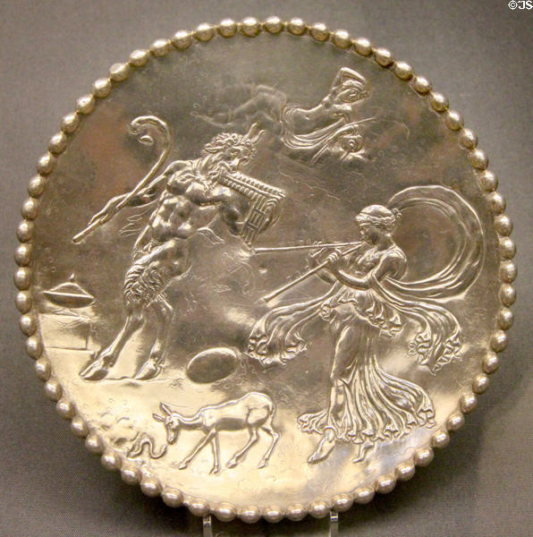 Roman silver platter with Bacchic scene (4thC CE) part of Mildenhall Treasure at British Museum. London, United Kingdom.