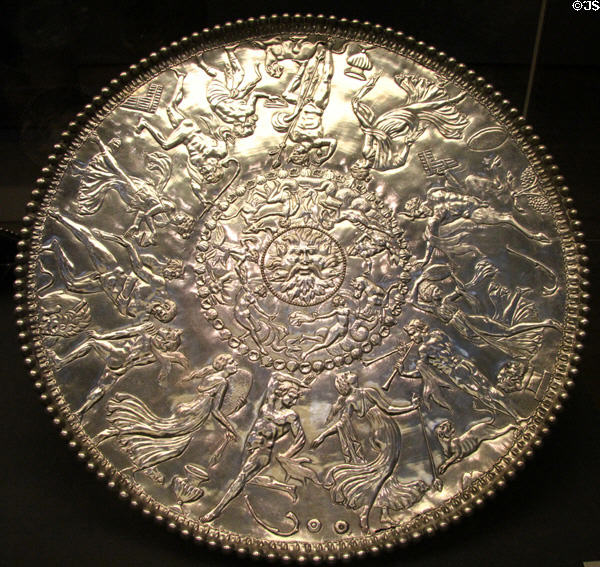 Mildenhall Treasure Roman tableware silver Great Neptune Dish with relief musical & dancing figures 60.5cm diameter (4thC CE) at British Museum. London, United Kingdom.