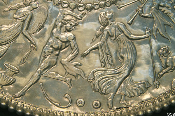 Detail of Mildenhall Treasure Roman tableware silver Great Neptune Dish with relief musical & dancing figures 60.5cm diameter (4thC CE) at British Museum. London, United Kingdom.